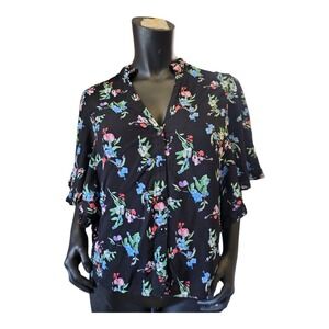 Maeve Anthropologie Black‎ Floral Button-Up Blouse Flutter Sleeve Women's Size S